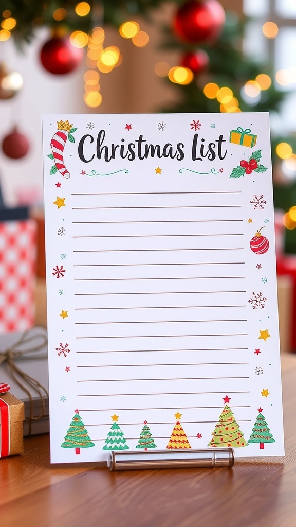 DIY Christmas List Paper Craft Festively decorated Christmas list paper with holiday designs and lined sections for writing.
